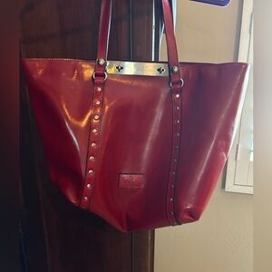 Patricia Nash Large Red Leather Bag With Gun Metal Clasps And Studs